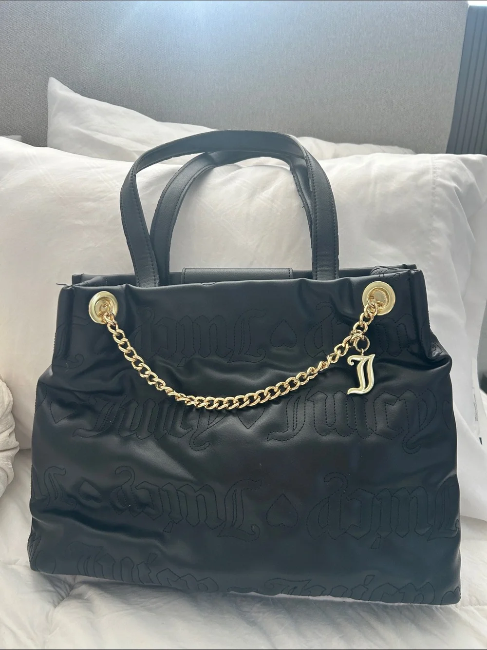 Juicy Couture Black Quilted Logo Tote with Gold Chain Charm